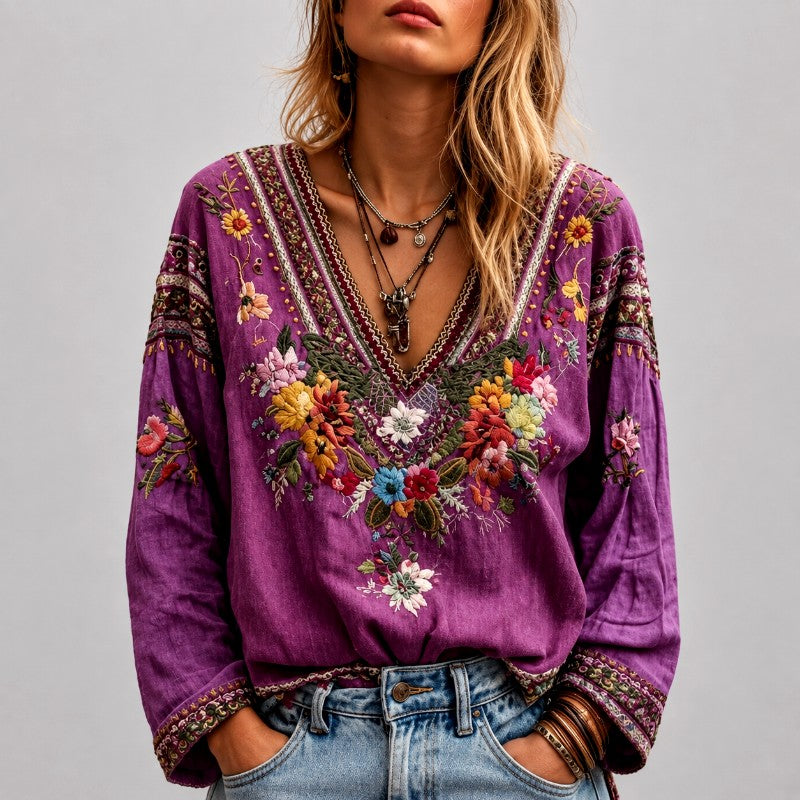 Kate - Women's Boho Floral Embroidered V-Neck Blouse