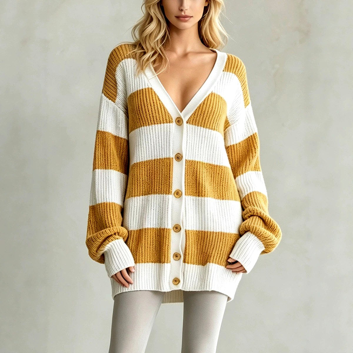 Katy - Women's Striped V-Neck Oversized Knit Cardigan