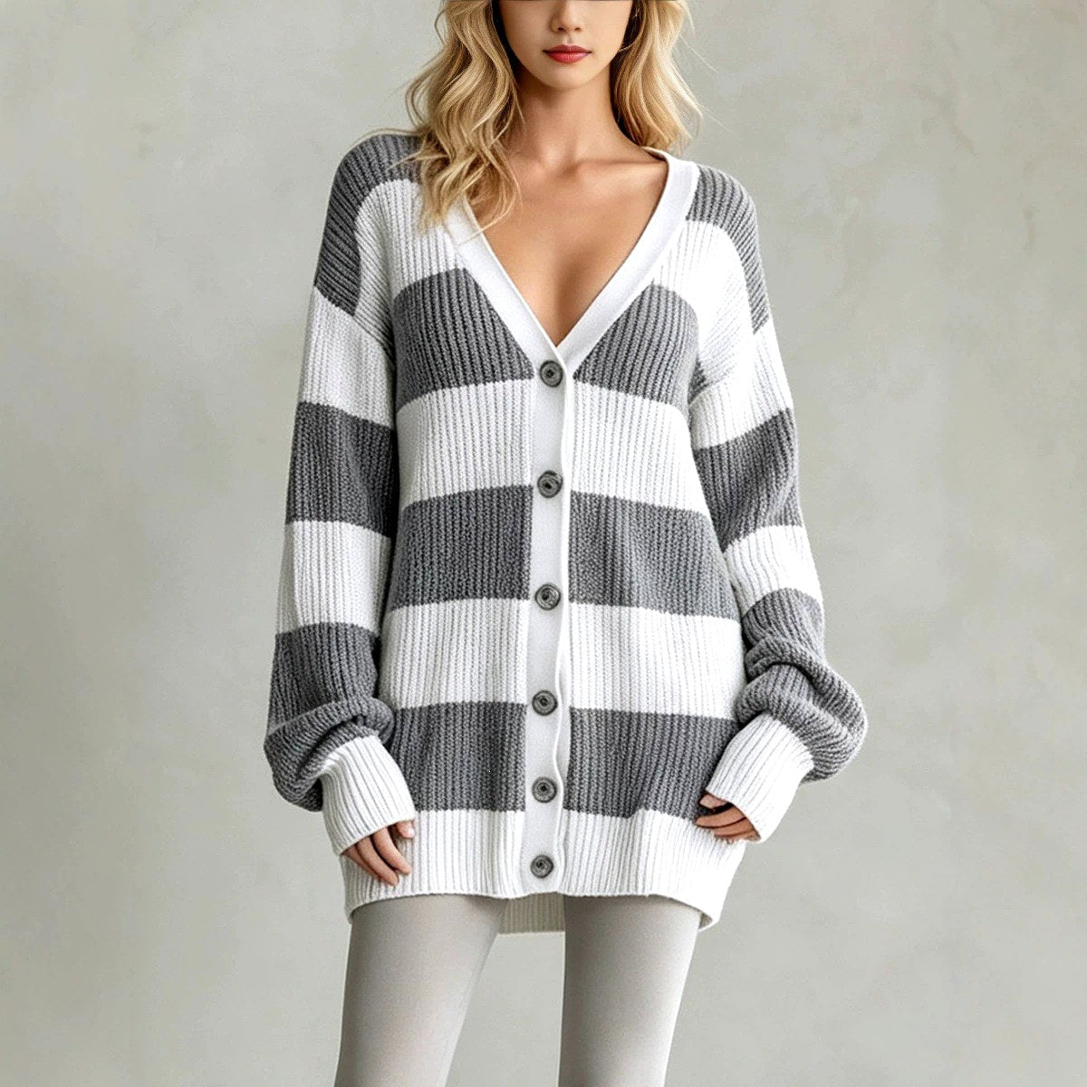 Katy - Women's Striped V-Neck Oversized Knit Cardigan