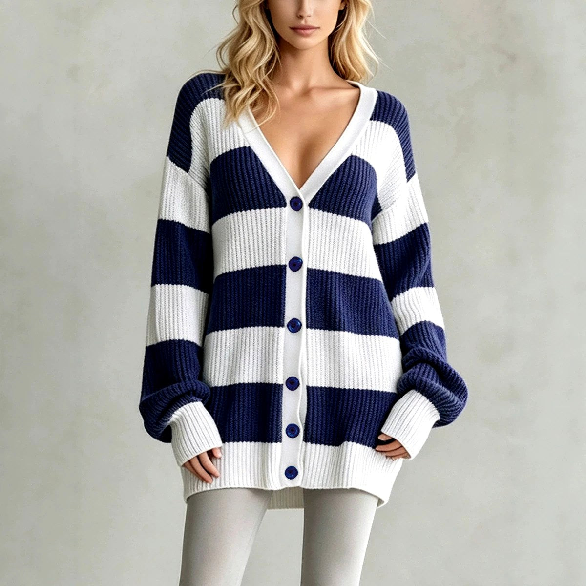 Katy - Women's Striped V-Neck Oversized Knit Cardigan