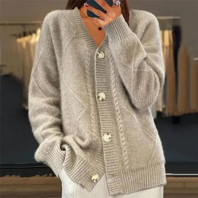 Kennedy - Women's Loose-Fit Cable Stitch V-Neck Knit Cardigan
