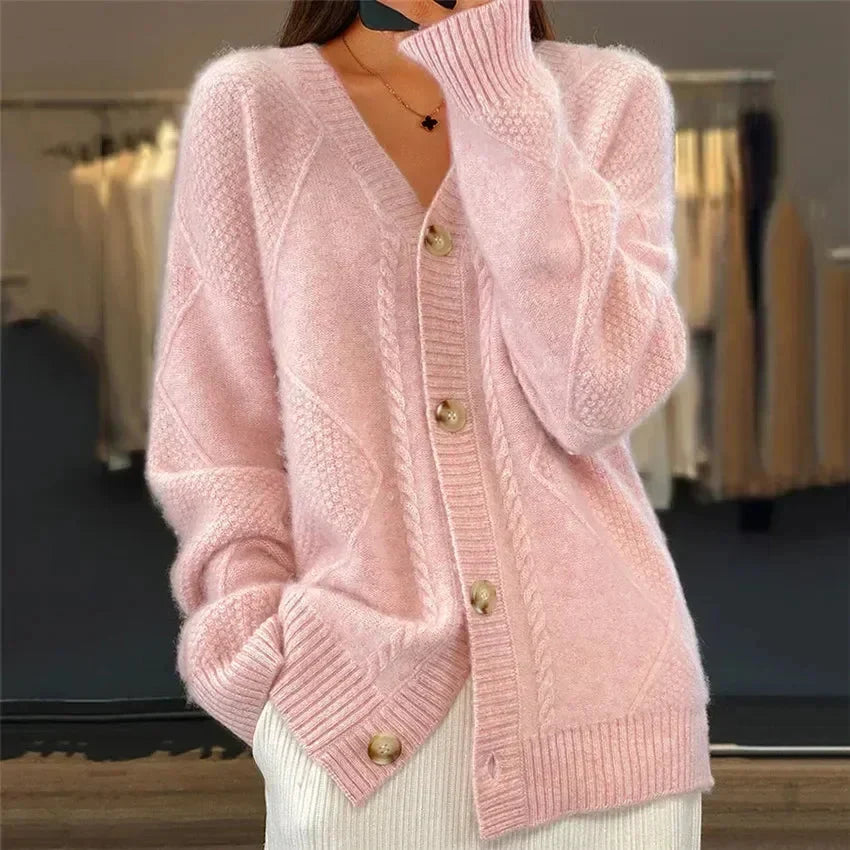 Kennedy - Women's Loose-Fit Cable Stitch V-Neck Knit Cardigan