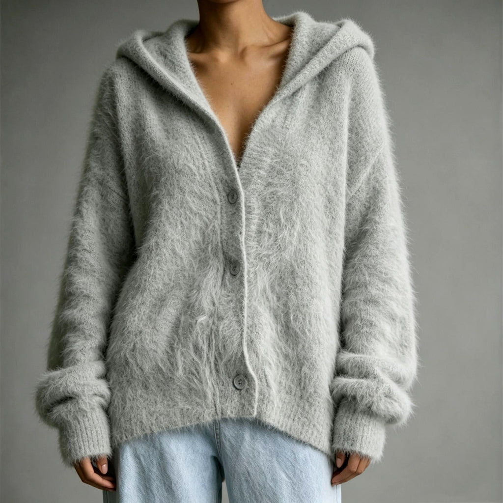 Kiana - Women's Fuzzy Knit Button-Up Hoodie Cardigan