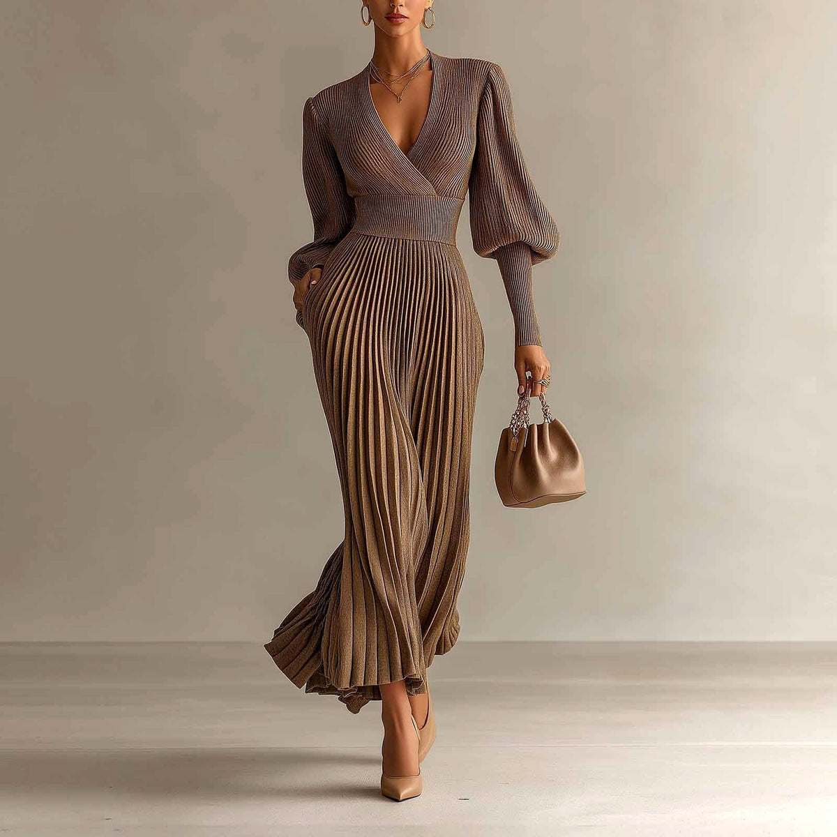 Kimber - Women's V-Neck Pleated Long-Sleeve Evening Dress