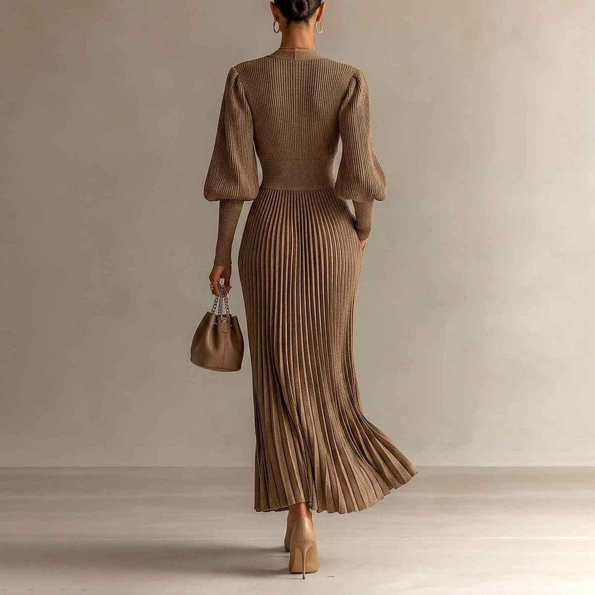 Kimber - Women's V-Neck Pleated Long-Sleeve Evening Dress