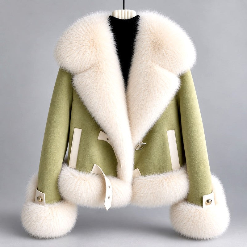Leandra - Women’s Faux Suede Faux Fur Collar Cropped Jacket