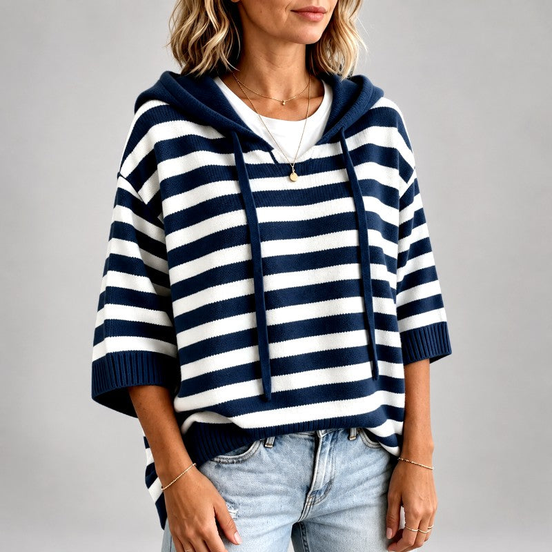 Lenore - Women's Striped Hooded Oversized Knit Sweater