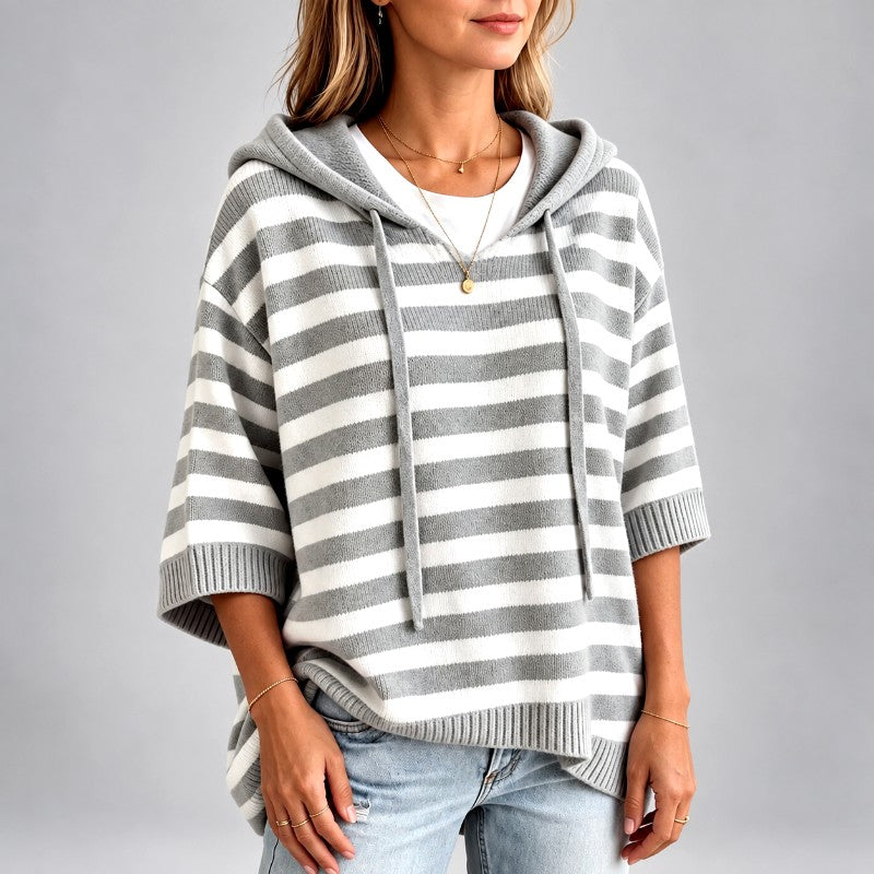 Lenore - Women's Striped Hooded Oversized Knit Sweater