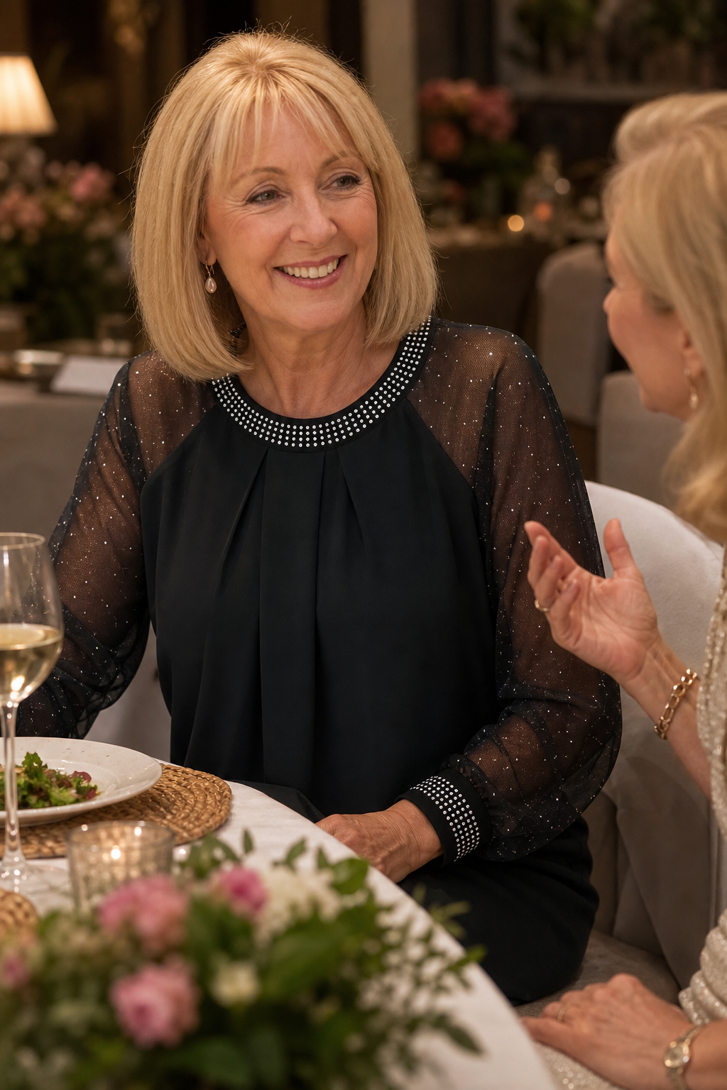 Ottilie – Sequin-Trim Sheer-Sleeve Pleated Blouse