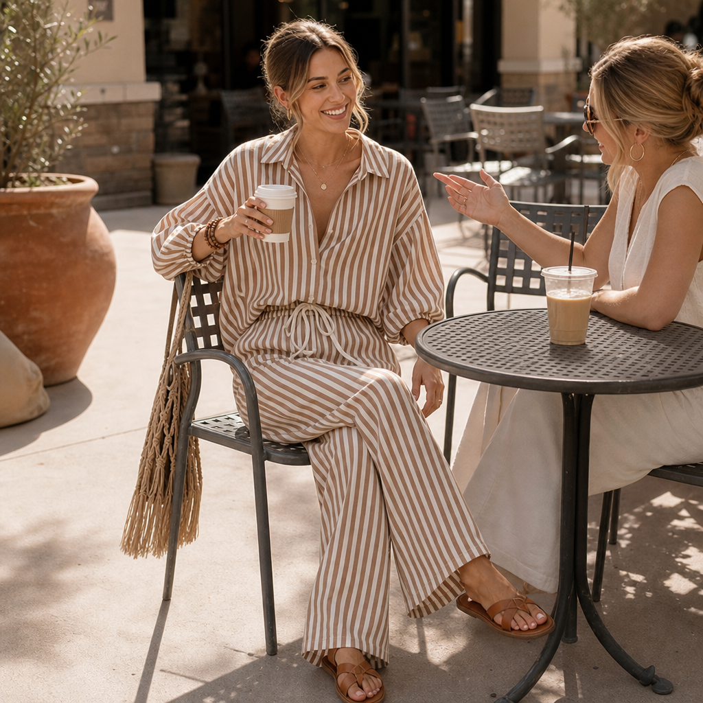 Isadora – Striped Two-Piece Lantern Sleeve Set