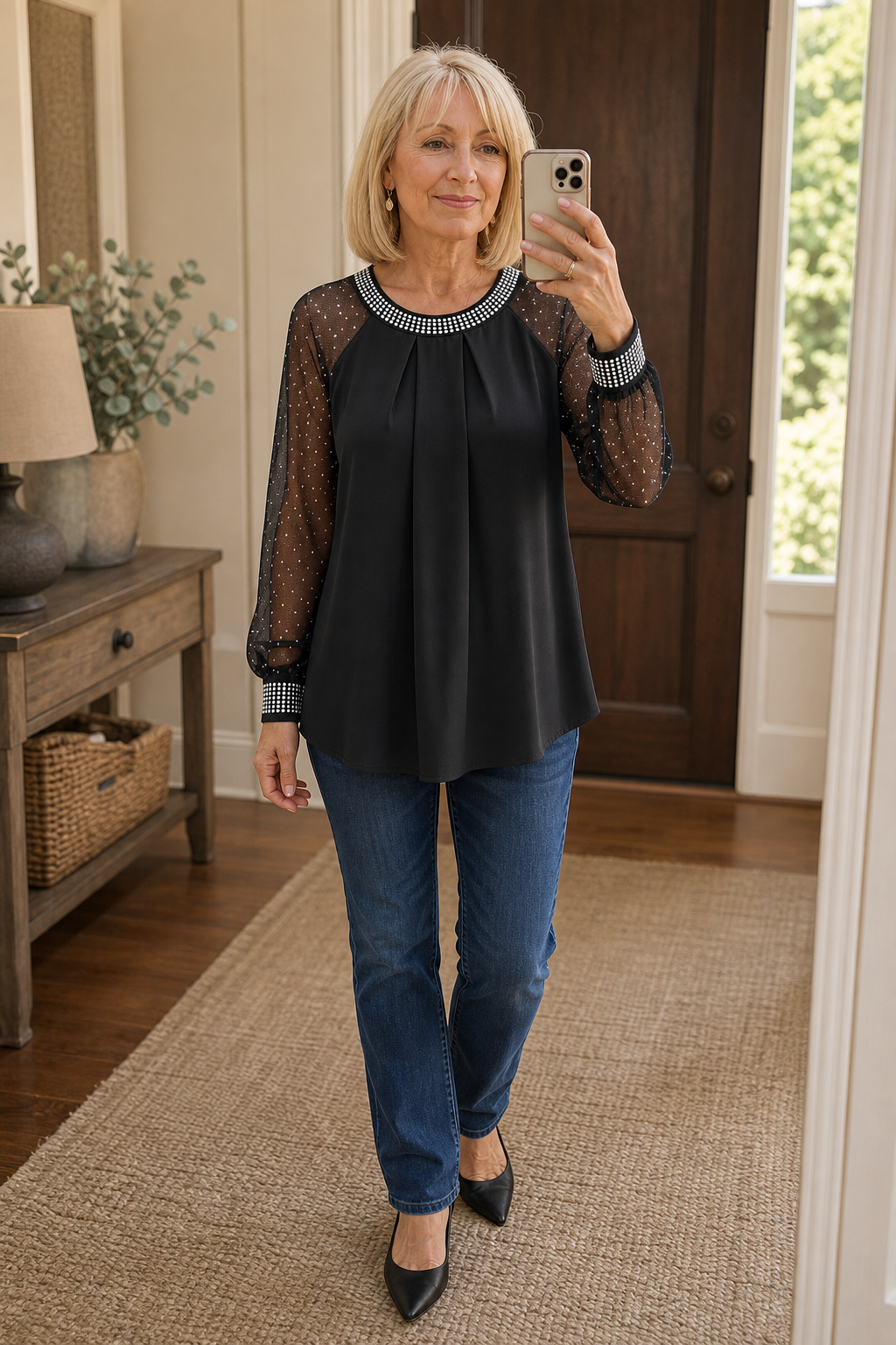 Ottilie – Sequin-Trim Sheer-Sleeve Pleated Blouse