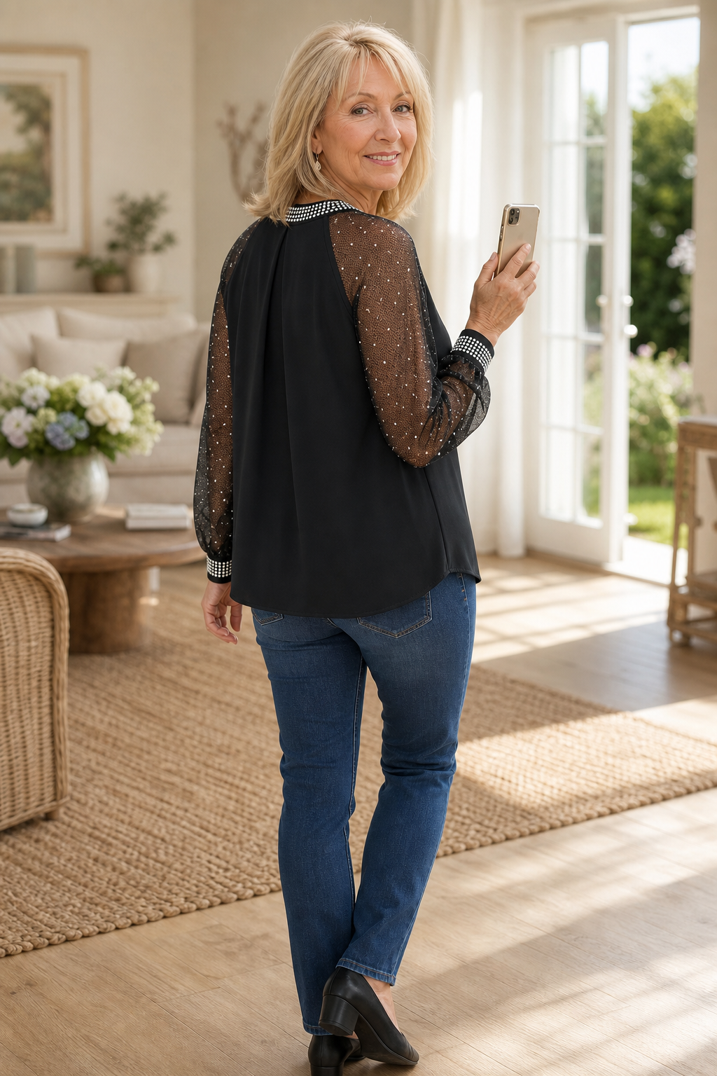 Ottilie – Sequin-Trim Sheer-Sleeve Pleated Blouse