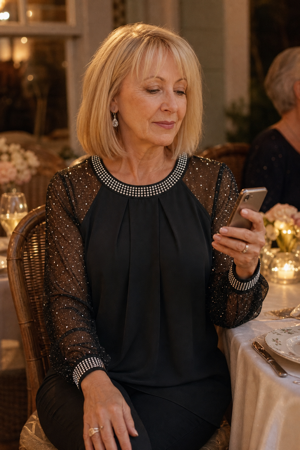 Ottilie – Sequin-Trim Sheer-Sleeve Pleated Blouse