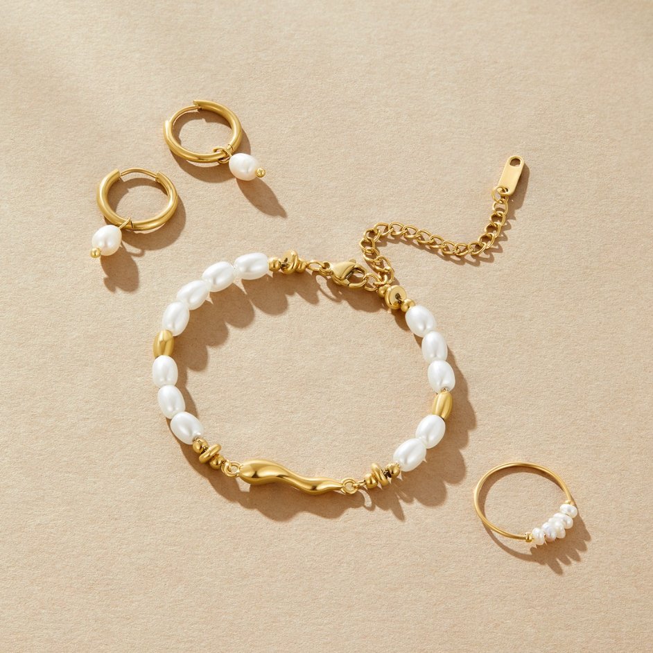 Natural Bead Bracelet with Polished Metal Accents - Undine