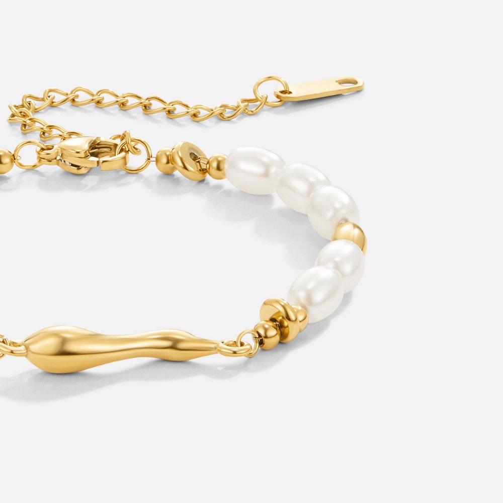 Natural Bead Bracelet with Polished Metal Accents - Undine