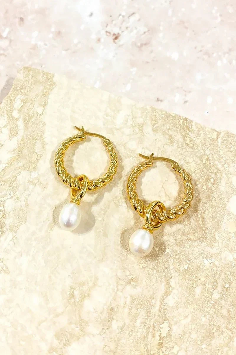 Statement Twist Pearl Drop Earrings Gold/Pearl