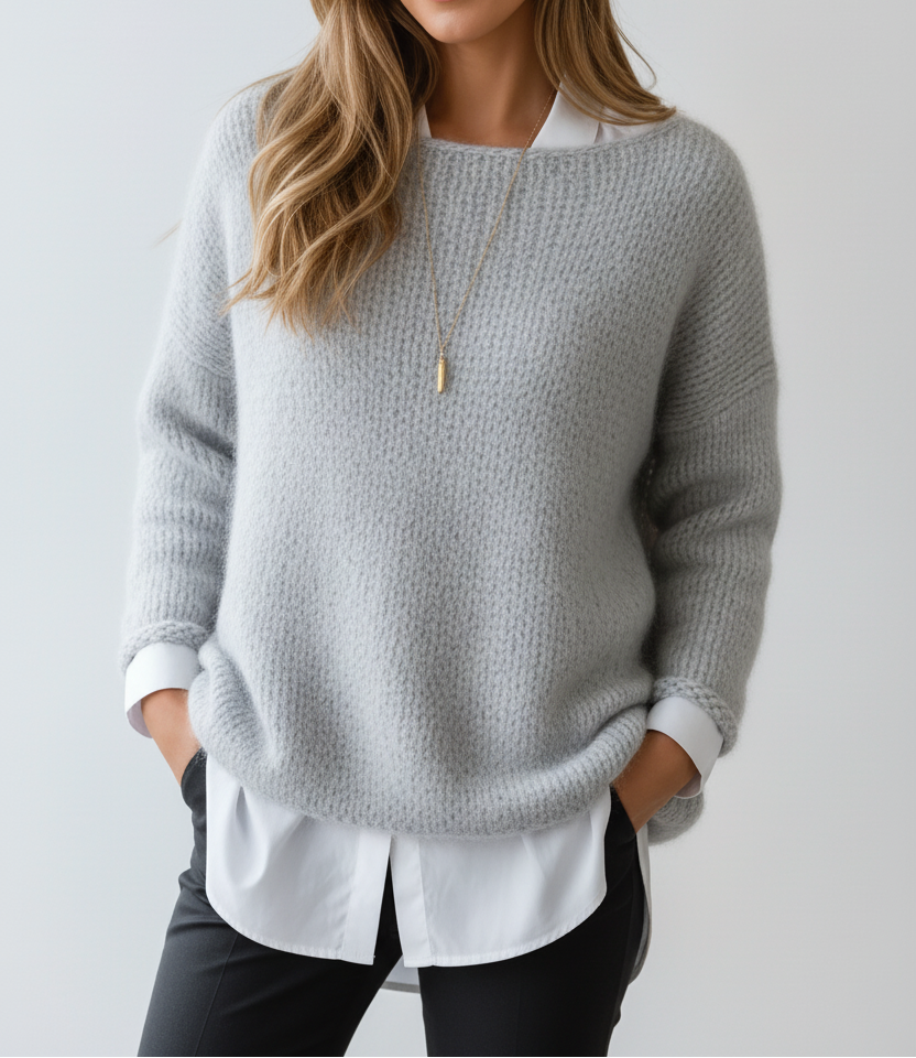 Women's Fluffy Oversized Knit Sweater – Soft Textured Wide Neck Pullover with Relaxed Long Sleeves for Autumn and Winter