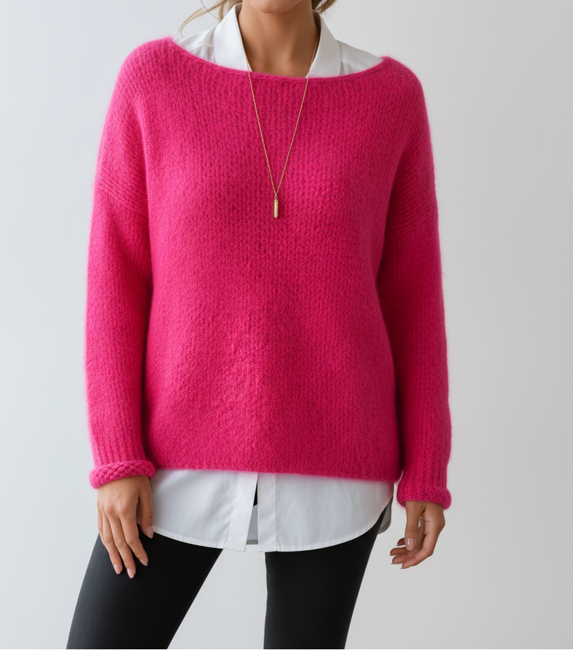 Women's Fluffy Oversized Knit Sweater – Soft Textured Wide Neck Pullover with Relaxed Long Sleeves for Autumn and Winter
