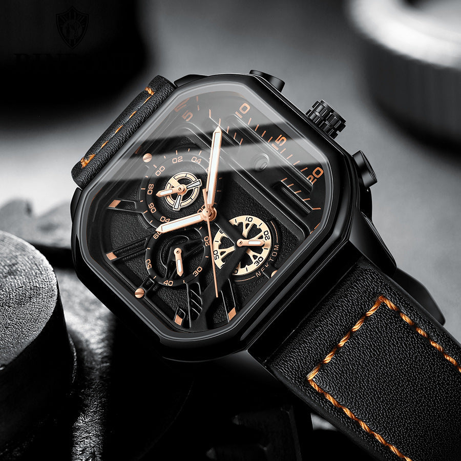 ChronoLux Square Stainless Steel Watch with Leather Strap