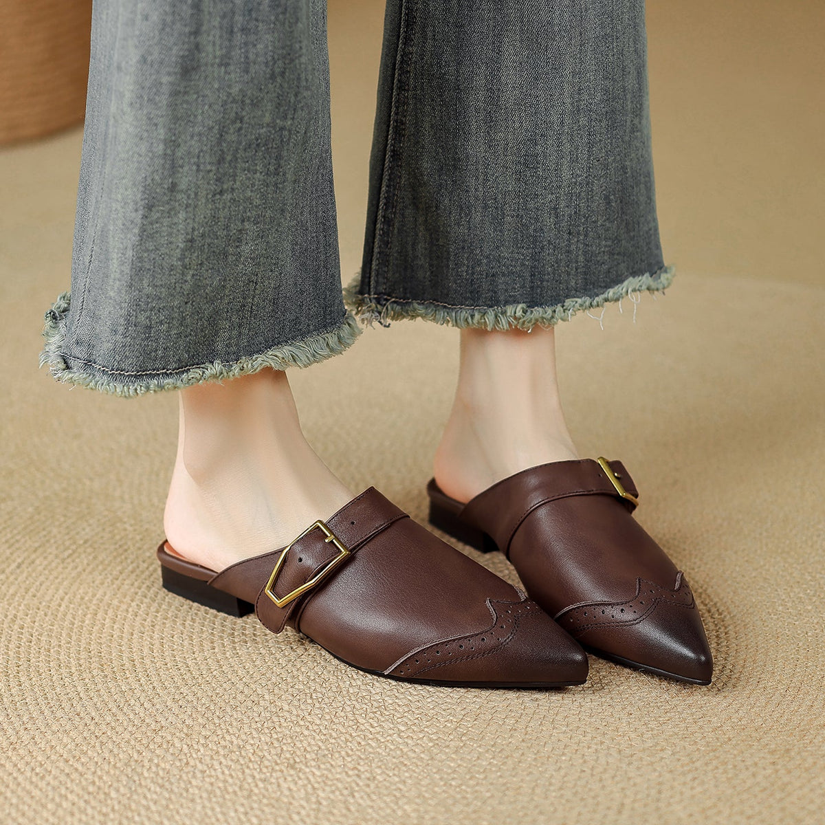 Maizie - Women's Pointed-Toe Leather Mules with Wingtip Detail