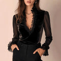 Mallory - Women's Velvet V-Neck Lace-Trim Blouse with Lace Cuffs