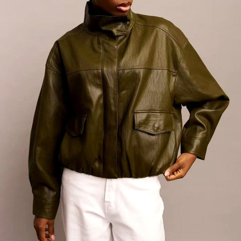 Marla - Women's Leather Oversized Cropped Jacket with Stand Collar