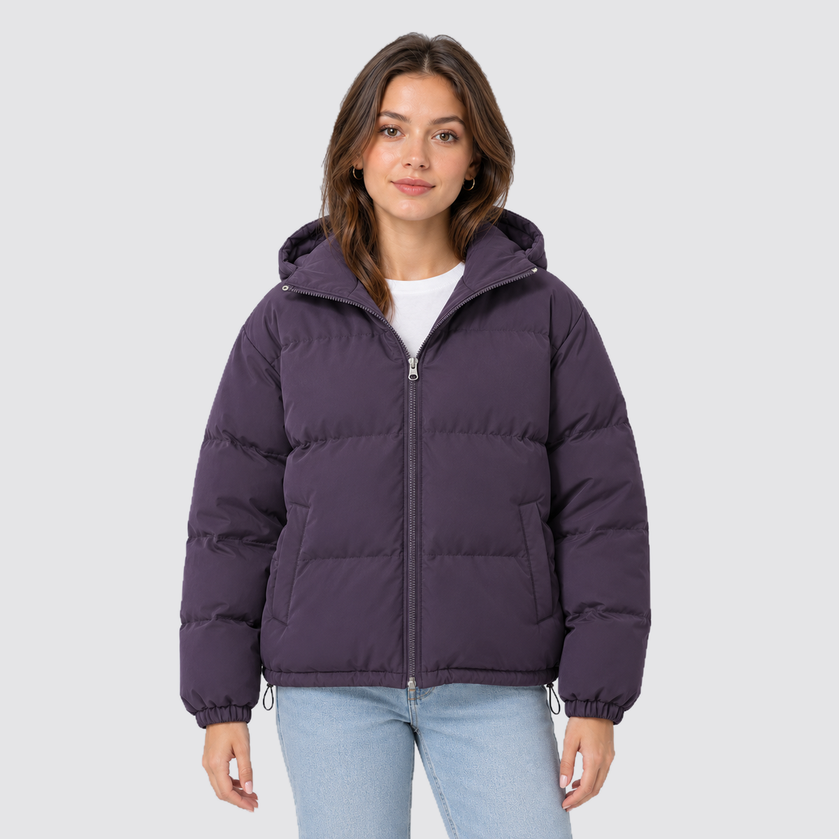 Women's Hooded Puffer Jacket with Zip Front