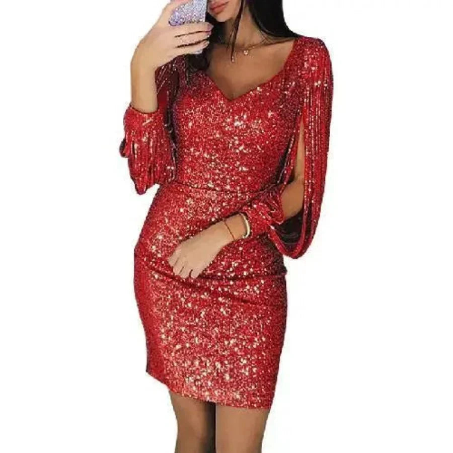 Mini Sequined Evening Dress with V-Neck