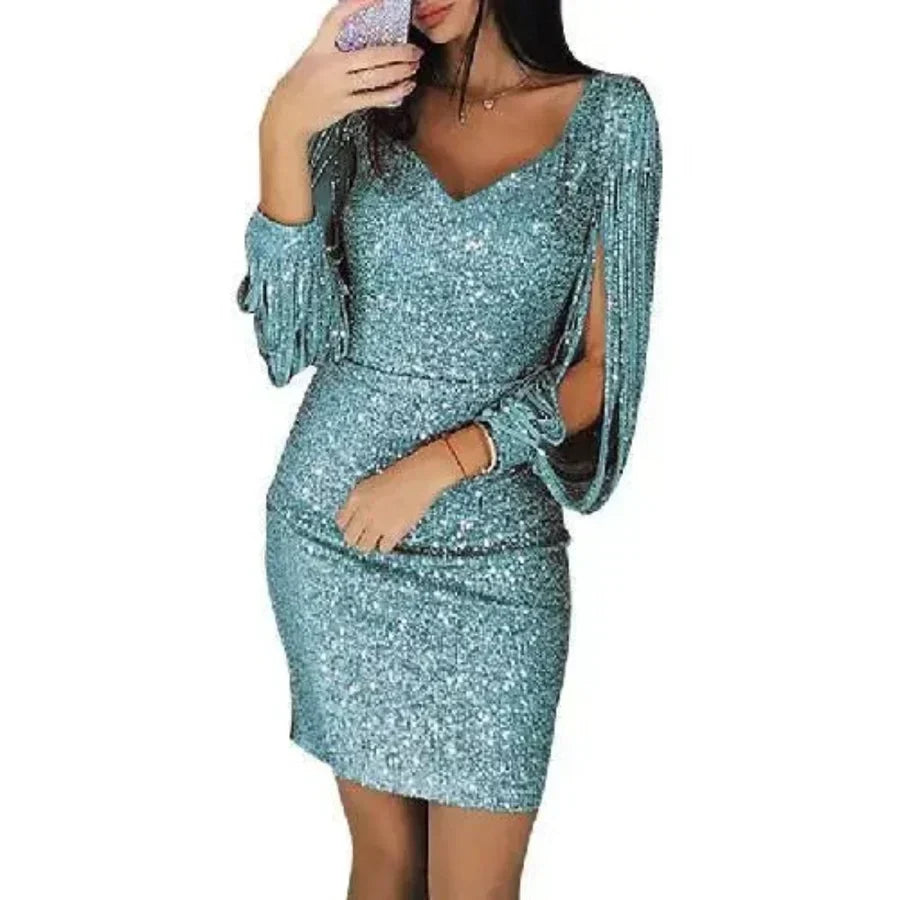 Mini Sequined Evening Dress with V-Neck