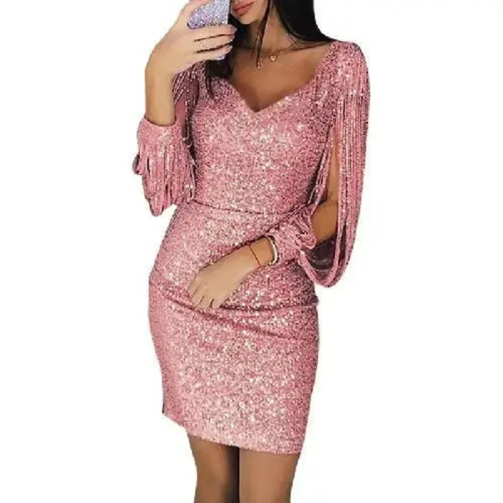 Mini Sequined Evening Dress with V-Neck