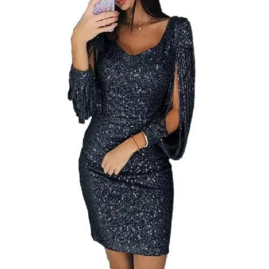 Mini Sequined Evening Dress with V-Neck