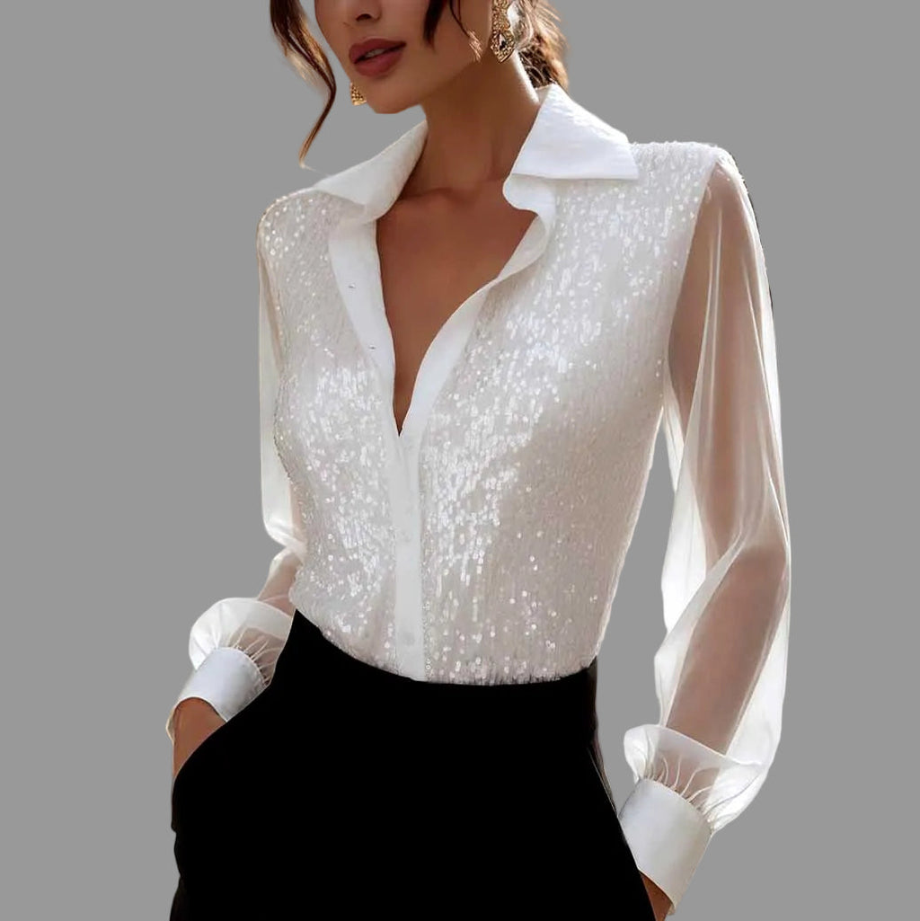 Nicka  - Women's Sequin Sheer Sleeve Blouse
