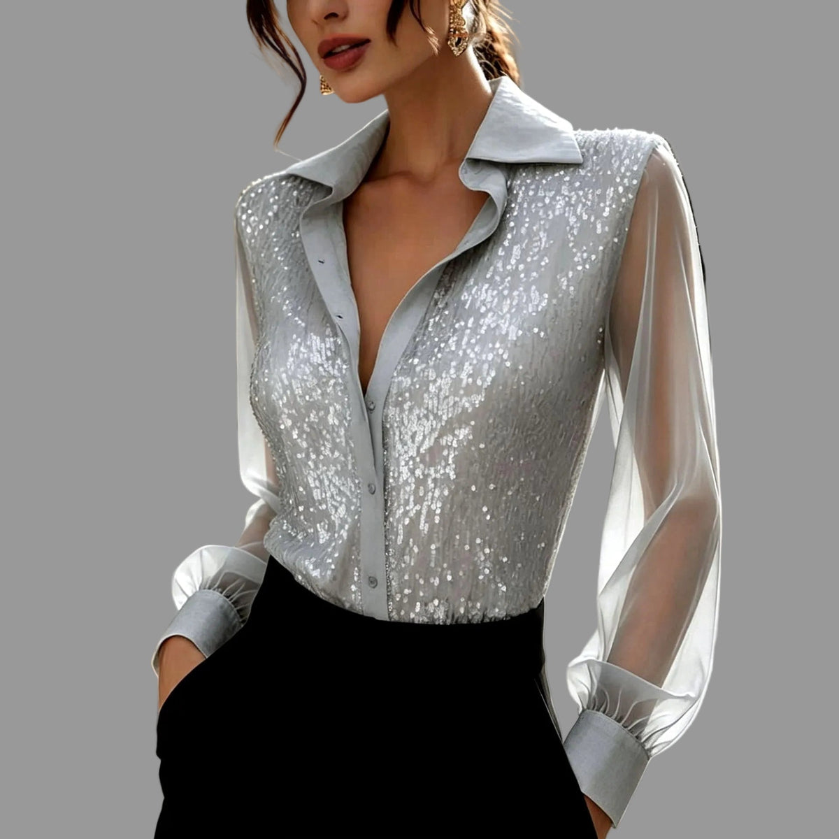 Nicka  - Women's Sequin Sheer Sleeve Blouse