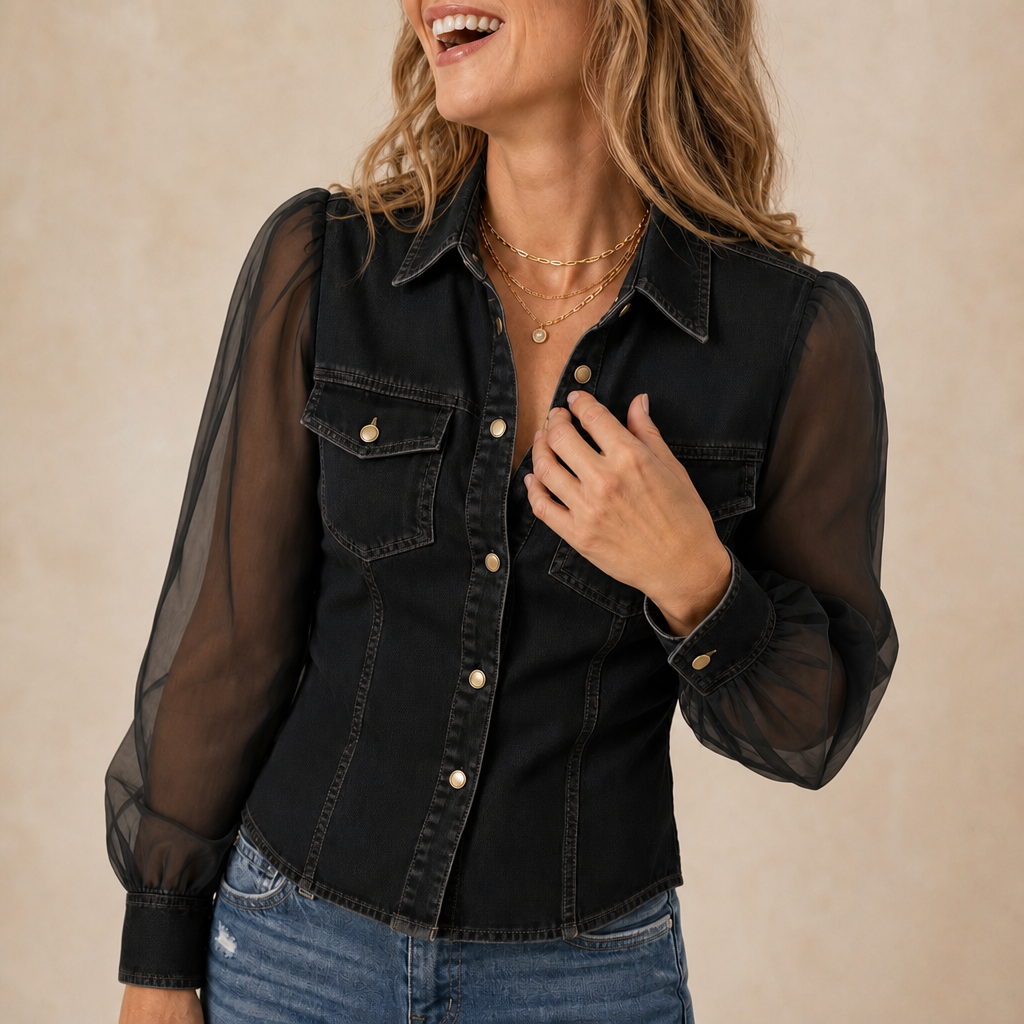 Vivienne – Sheer Puff Sleeve Denim Button-Up Shirt