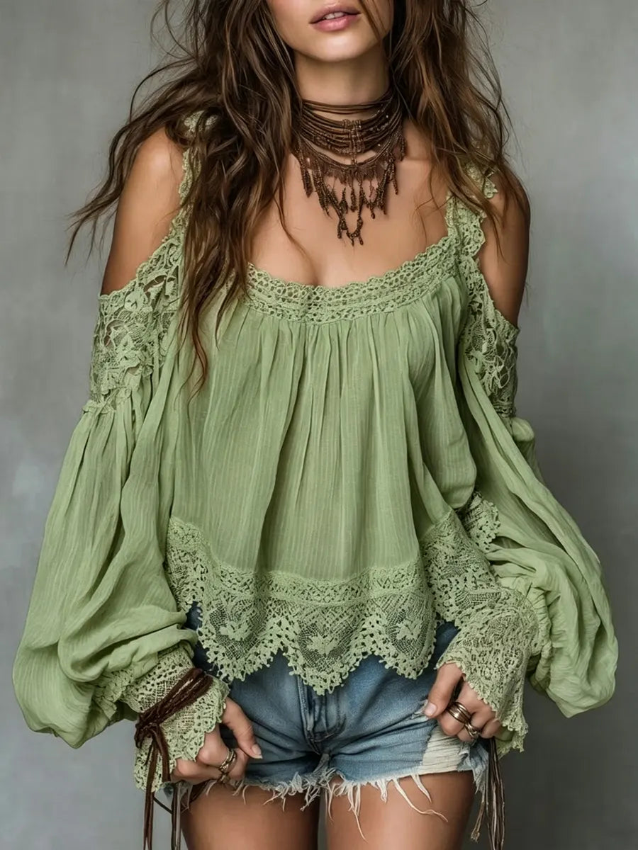 Women's Long Sleeve Off-shoulder Lace Trim Blouse Top