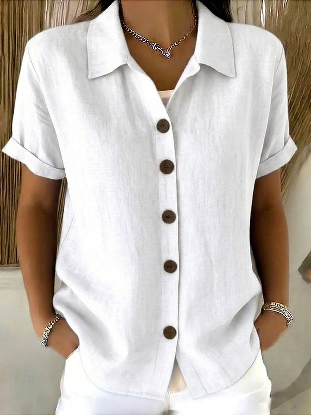 Zuri - Linen Cotton Cozy Basic Button-Up Shirt – Casual Short Sleeve Summer Blouse