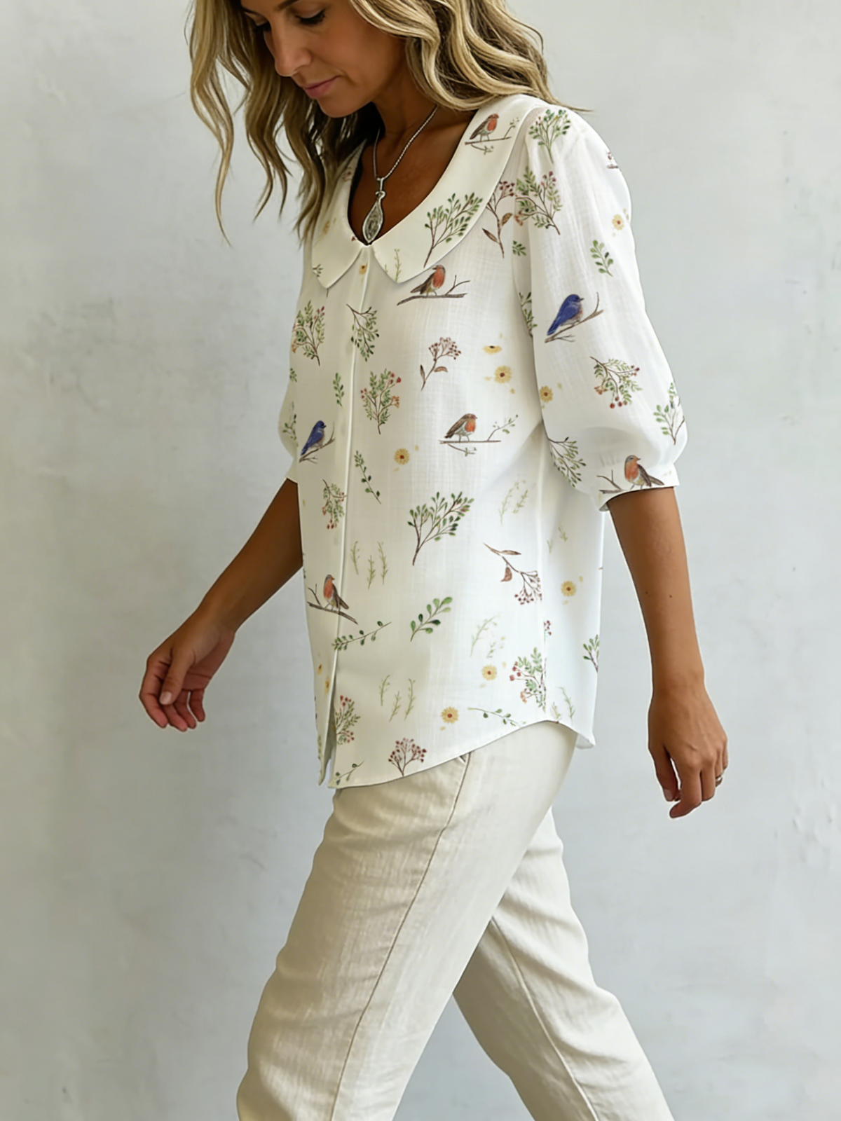 Amira | "Forest Whispers" Peter Pan Collar Linen-Cotton Shirt