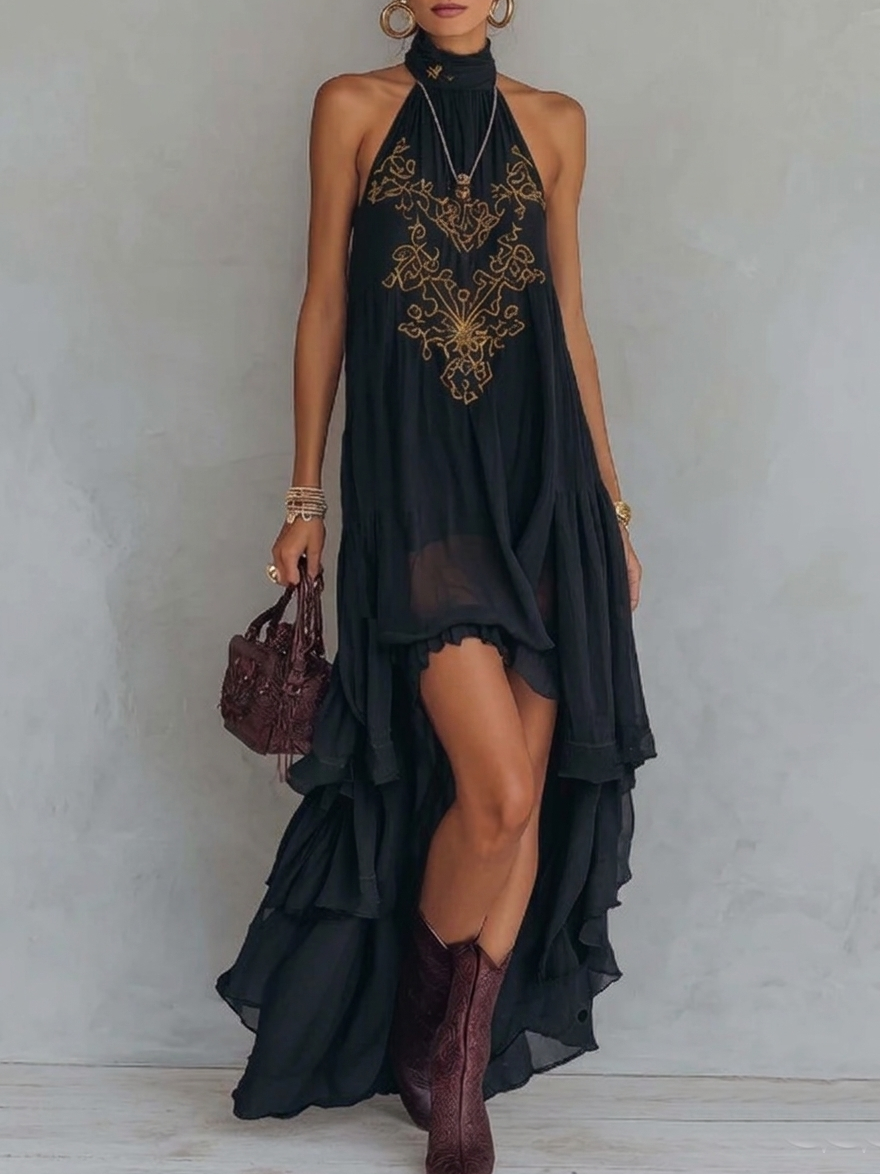 Emma - Retro Halter Neck Irregular Ruffle Maxi Dress