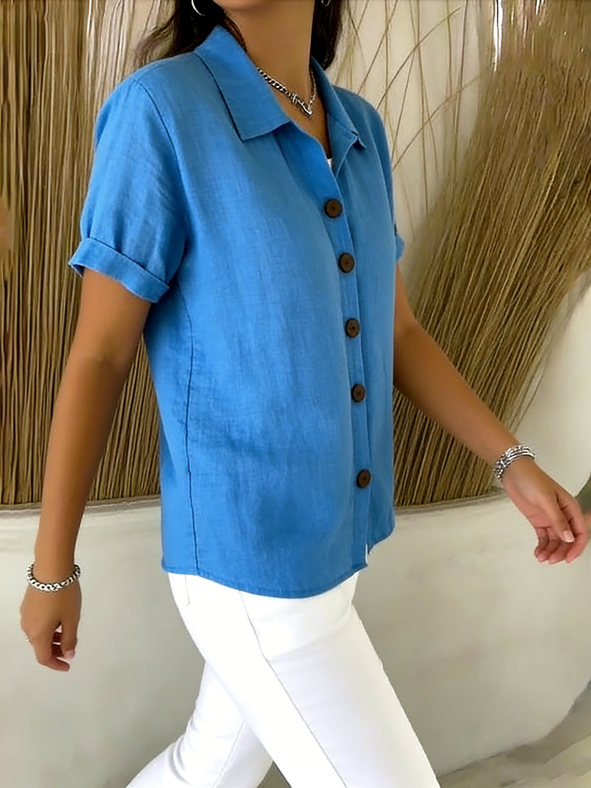 Kiara | Linen Cotton Cozy Basic Button-Up Shirt – Casual Short Sleeve Summer Blouse