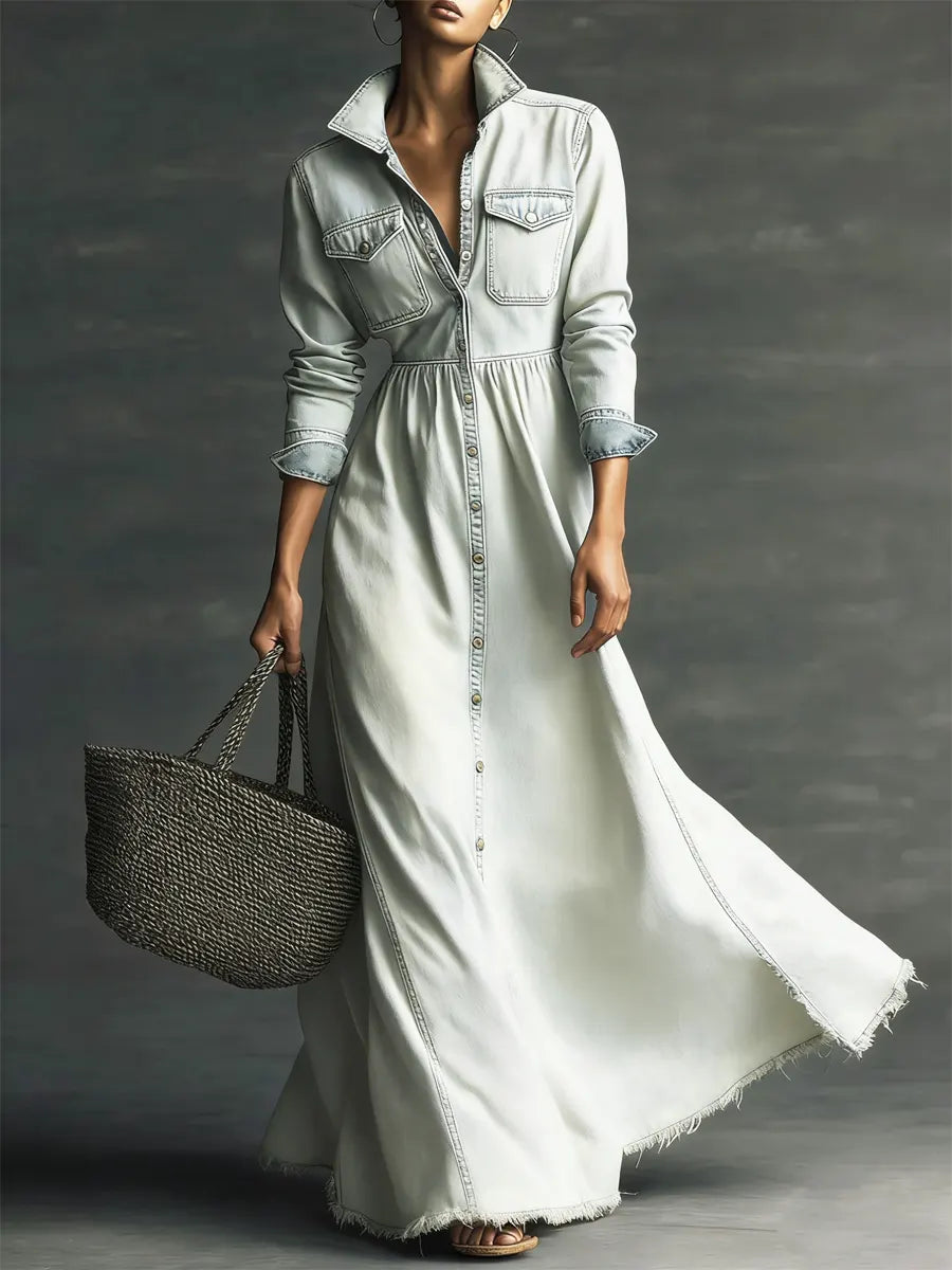 Blaire - Stylish Art Stand Collar Washed Denim Midi Dress