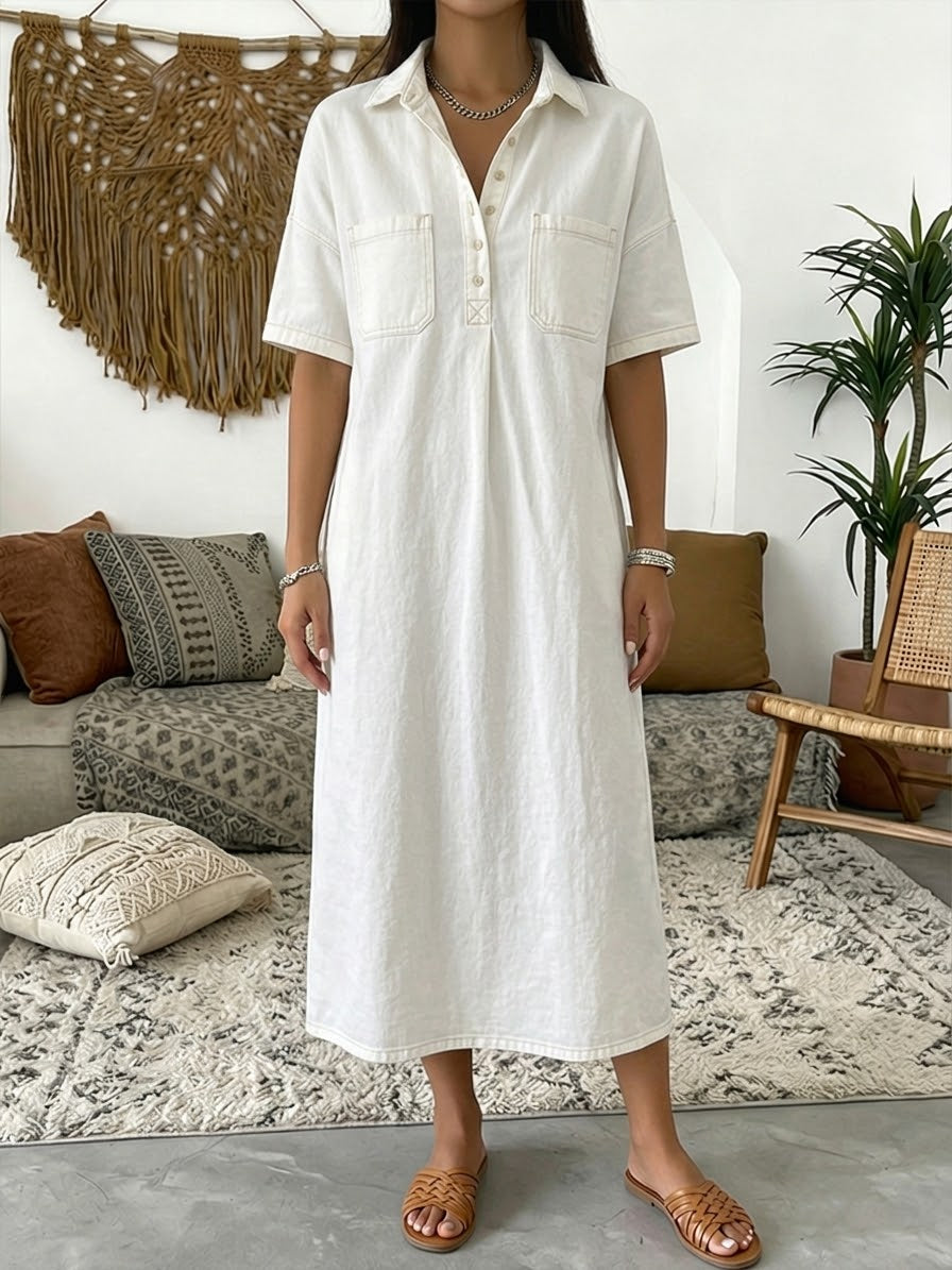 Eva - Casual Short-sleeved Polo Collar Denim Dress