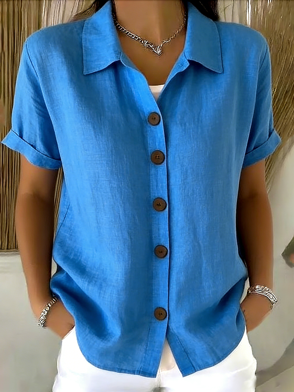 Zuri - Linen Cotton Cozy Basic Button-Up Shirt – Casual Short Sleeve Summer Blouse