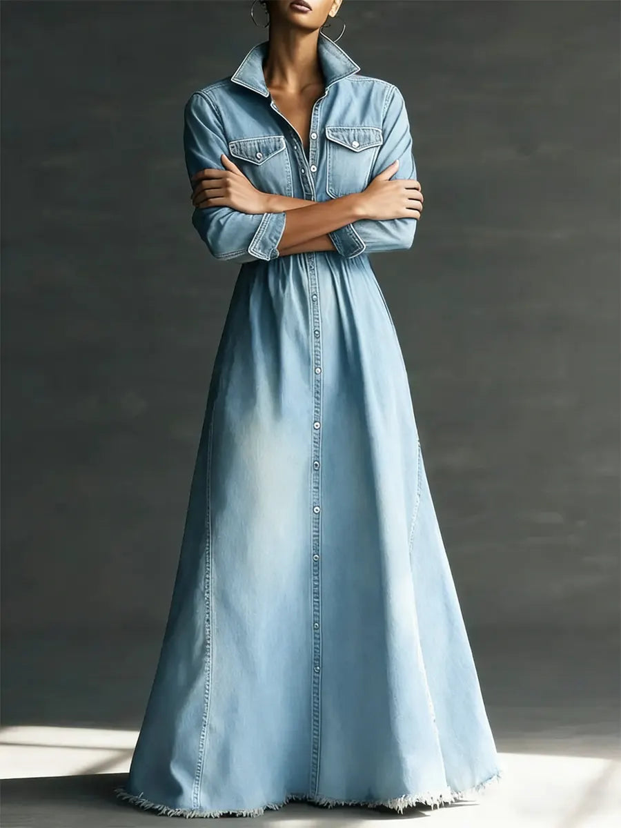 Women Long Sleeve Stylish Art Stand Collar Washed Denim Midi Dress
