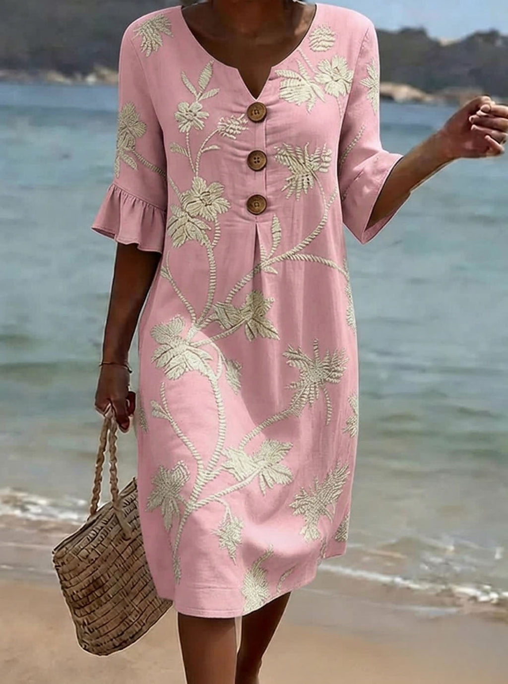Eloise - 3/4 Sleeve V-Neck Floral Print Casual Cotton-Linen Dress