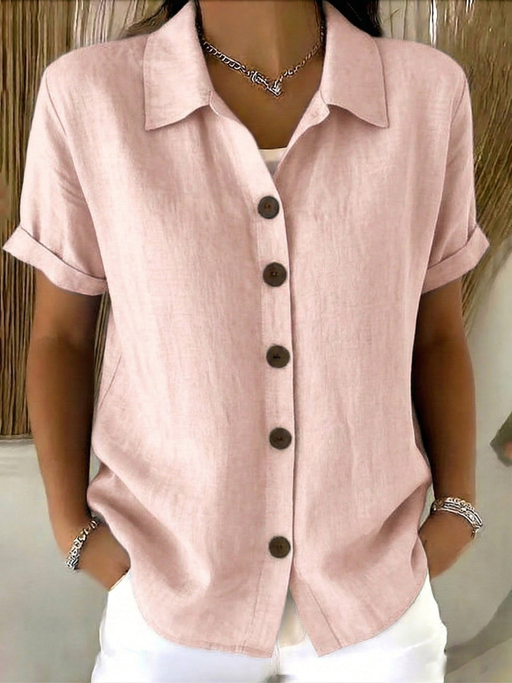 Zuri - Linen Cotton Cozy Basic Button-Up Shirt – Casual Short Sleeve Summer Blouse