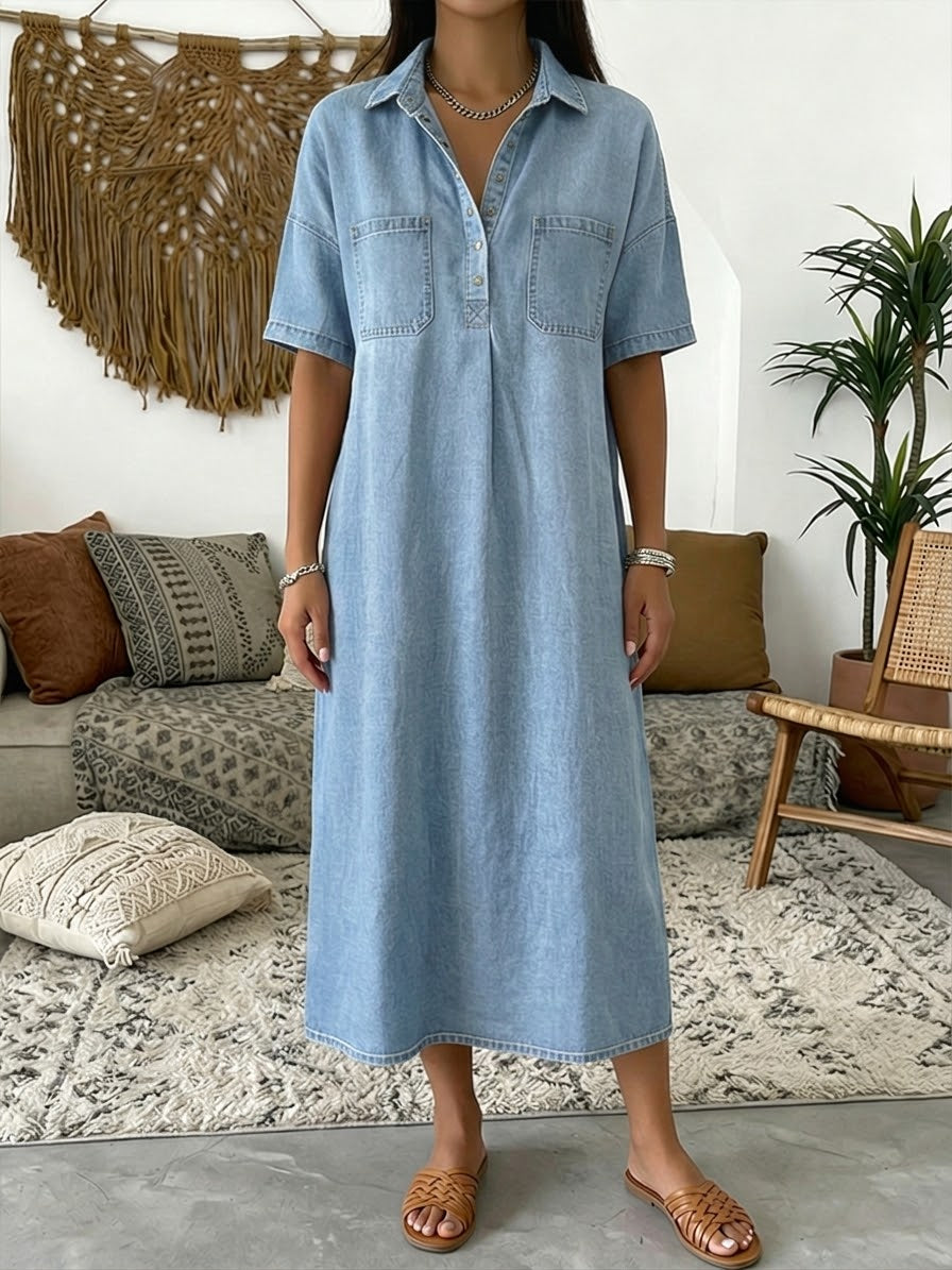 Maya | Casual Short-sleeved Polo Collar Denim Dress