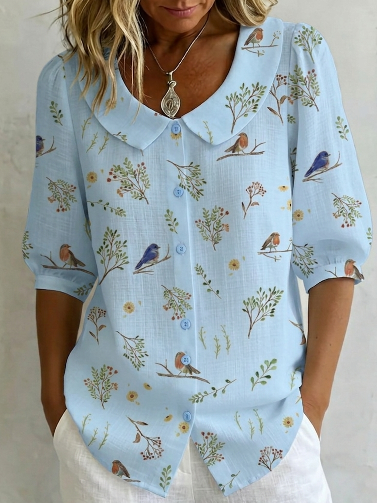 Meera | "Forest Whispers" Peter Pan Collar Linen-Cotton Shirt