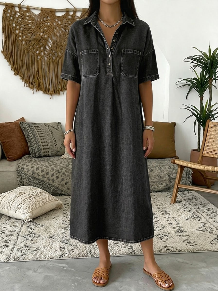Eva | Casual Short-sleeved Polo Collar Denim Dress
