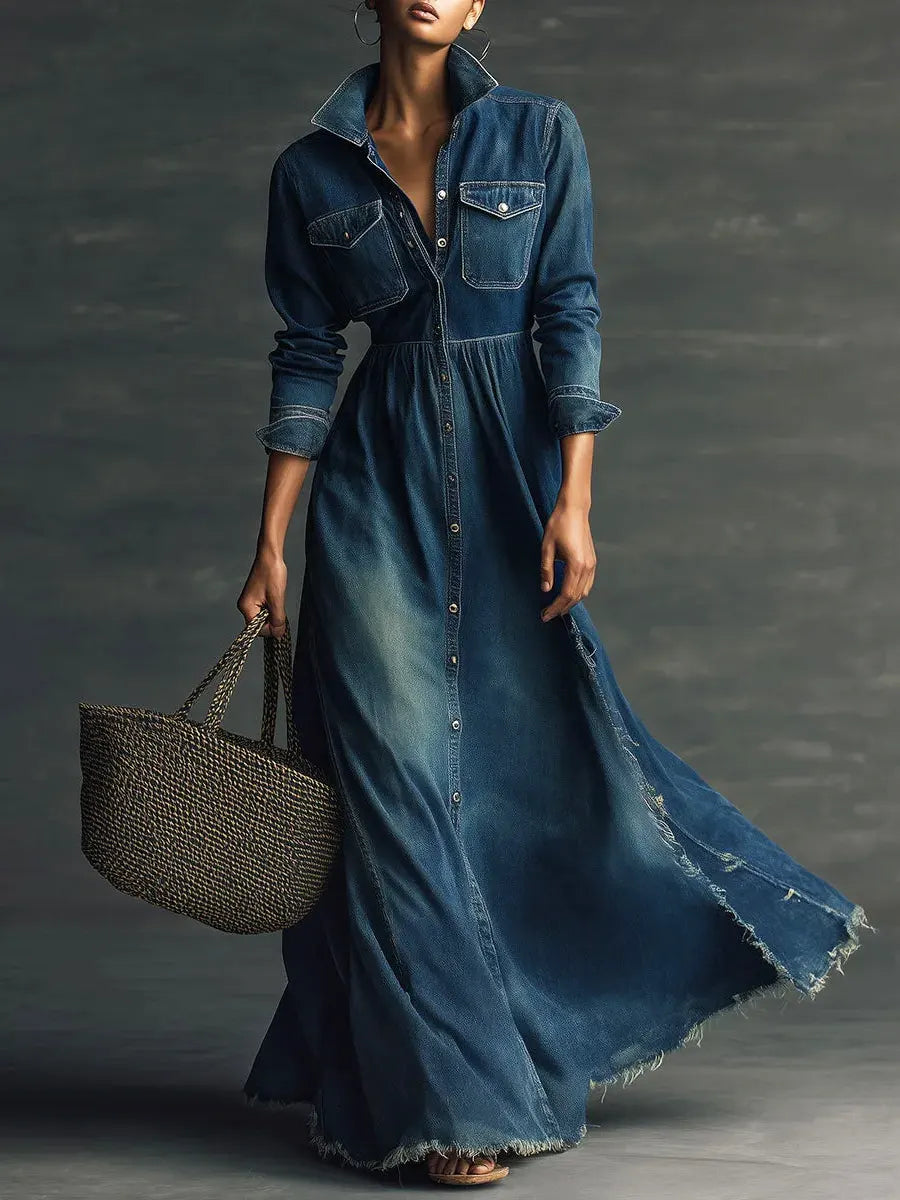 Women Long Sleeve Stylish Art Stand Collar Washed Denim Midi Dress