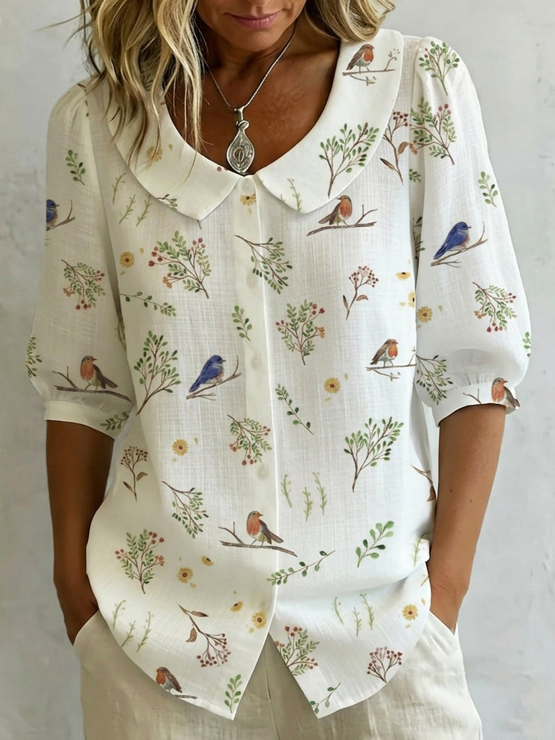 Amira | "Forest Whispers" Peter Pan Collar Linen-Cotton Shirt
